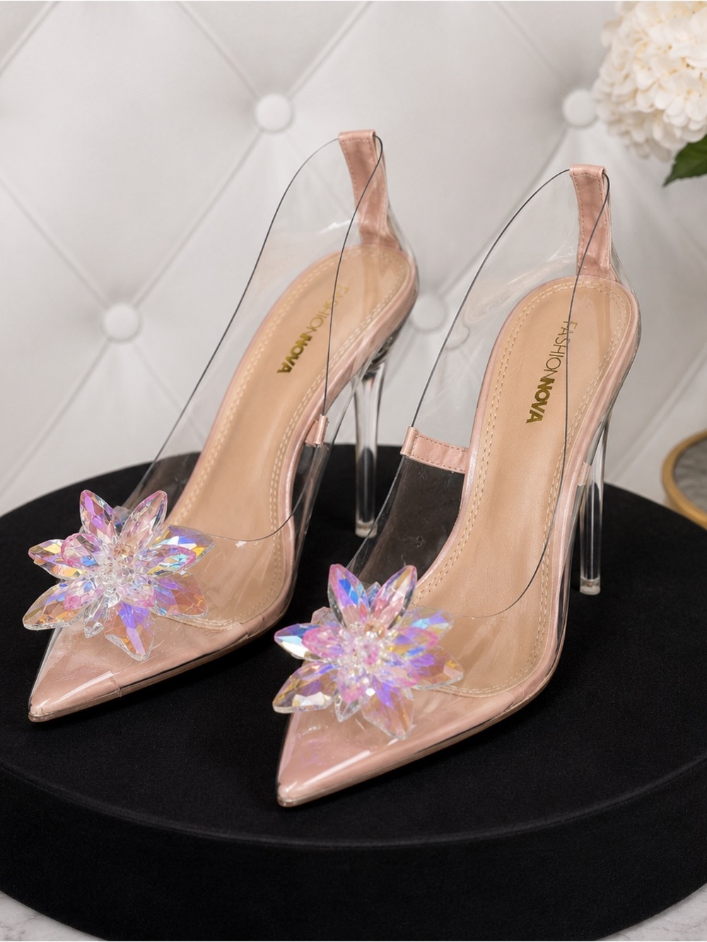 Fashion Nova Pink Pointed Clear PVC Heels with Iridescent Floral Accent